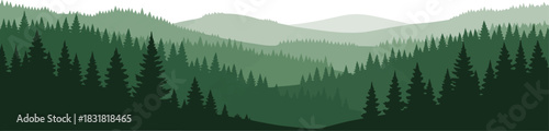 Isolated a panoramic landscape with green silhouettes of trees and hills vector art with white background..