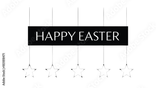Happy easter greeting with a black banner and white text adorned with hanging star decorations on a clean white background perfect for festive celebrations and seasonal messages