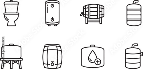 Outline icons of various water and liquid storage tanks, barrels, and plumbing fixtures
