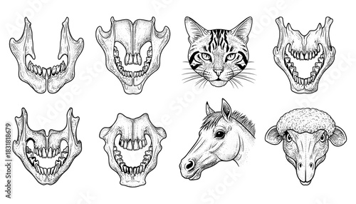 Vintage animal skulls and faces: detailed black and white illustrations
