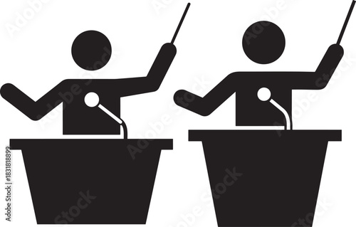 Two speakers at lecterns silhouette