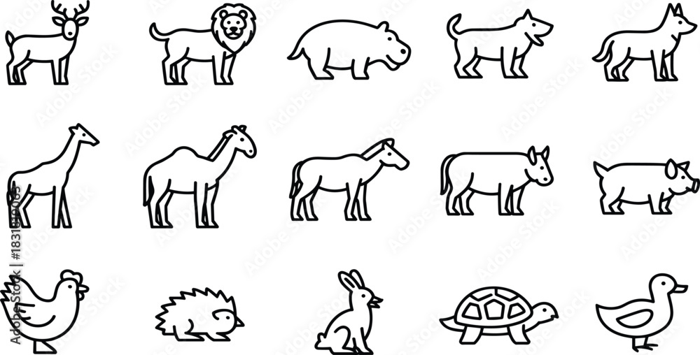 Fototapeta premium Wild and Safari Animals Line Icons Set: Featuring Deer, Lion, Hippo, Giraffe, Camel, Zebra, Elephant, and Farm Animals Vector Illustration