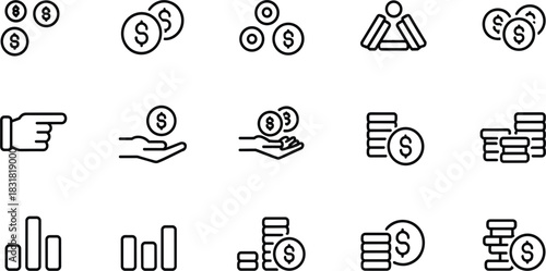 Money, Coin, and Financial Graph Line Icons Set: Featuring Dollar Signs, Stacks of Cash, Hand Giving Coin, and Bar Charts Vector Illustration