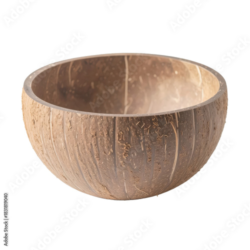 A natural brown coconut shell bowl displaying its fibrous exterior texture and a subtly reflective smooth inner surface sits on a bright white background.