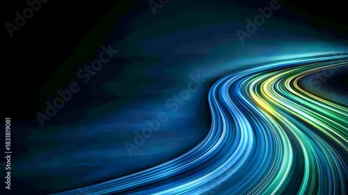 The photo features a flowing arrangement of vibrant lines in shades of blue, green, and gold against a dark abstract background, creating a sense of movement and energy with a modern feel.