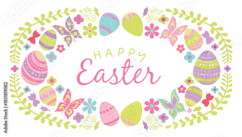Whimsical happy easter greeting card featuring a decorative oval frame of colorful patterned eggs butterflies and flowers in pastel spring colors