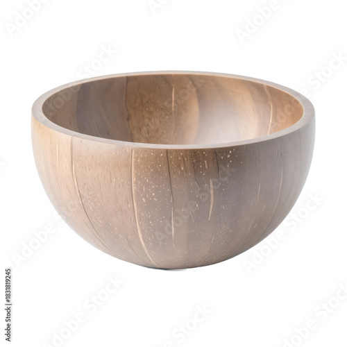 Beautiful handcrafted coconut shell bowl showcasing natural vertical grain and speckled patterns. An elegant empty vessel on white.