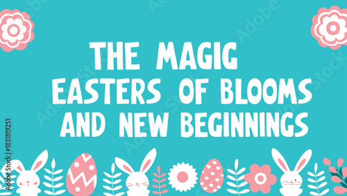 Whimsical easter greeting with cute bunnies decorated eggs and blooming flowers on a bright turquoise background celebrating new beginnings and spring magic