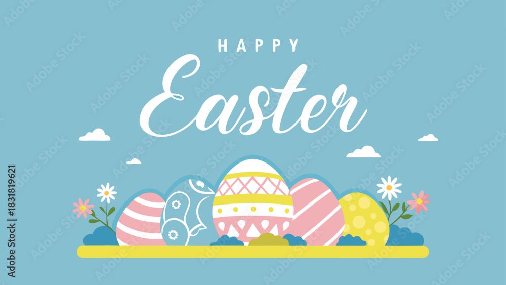 Naklejka premium Happy easter greeting with colorful decorated eggs flowers and clouds on a light blue background celebrating the spring holiday