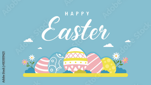 Happy easter greeting with colorful decorated eggs flowers and clouds on a light blue background celebrating the spring holiday