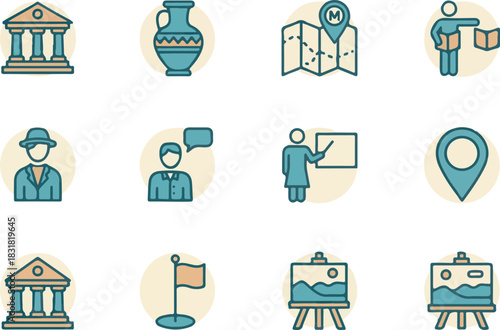 Various blue and brown line icons illustrating history, culture, education, and travel.