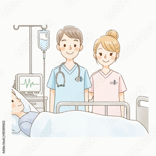 Caring Doctors and Nurses Attending to Patient in Hospital Room