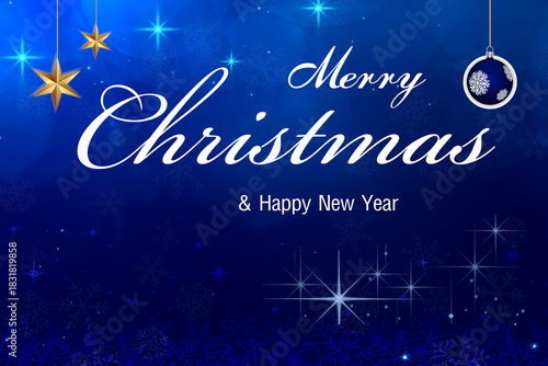 Merry Christmas with blue ball, stars, gold on blue background