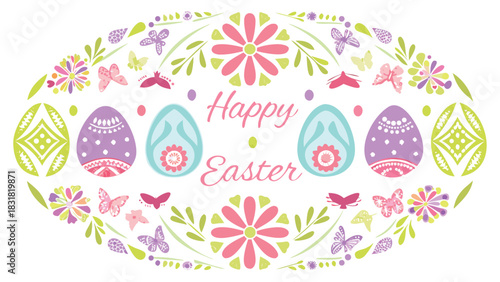Whimsical and colorful illustration featuring decorated easter eggs blooming flowers and fluttering butterflies forming an oval border with the text happy easter in the center
