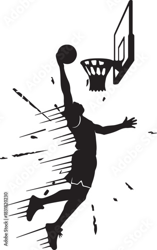 vector silhouette of a male basketball player slam dunk, scoring the ball to the net, transparent background	