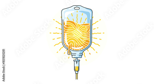 IV Bag Infusion with Golden Liquid and Sunburst Effect, Generative AI.