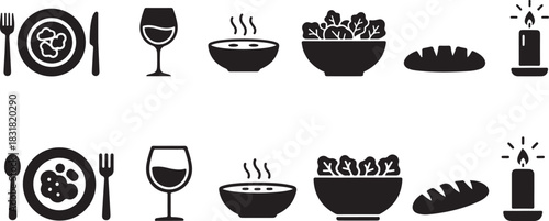 Restaurant menu and dinner party essential icons collection, meal service symbols set