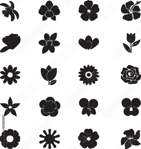 set of various types of black flower in white background
