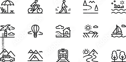 Travel, Tourism, and Vacation Line Icons Set: Featuring Beach, Bicycle, Hot Air Balloon, Sailing Boat, Train, and Mountain View Vector Illustration