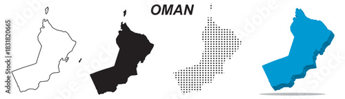 Oman Map Vector Set, Arabian Peninsula Outline Silhouette Dotted 3D Solid Shapes, Middle East Country Infographic Template, Editable EPS Geography