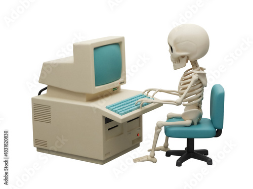 Cartoon skeleton using retro computer isolated PNG, funny dead programmer typing on keyboard for Halloween and technology concepts