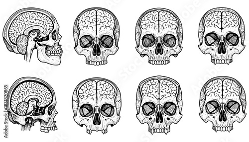 Detailed skull and brain anatomy drawings in vintage engraving style