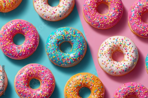 Vibrant doughnuts in bright pink, blue, white, and orange glaze form a bold pattern across a pastel split background. Each donut is topped with colorful sprinkles, creating a fun and energetic visual 