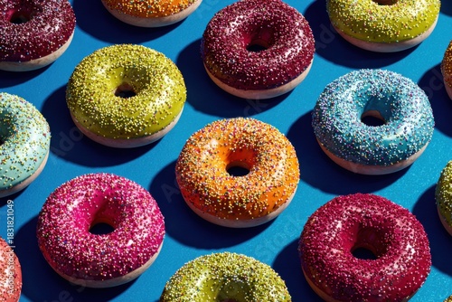 Glossy doughnuts with bold, saturated frosting in vivid colors rest against deep blue background. Dense sprinkles add rich texture, while arrangement creates a striking food display.
