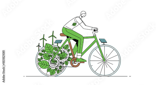 Man riding a bicycle powered by renewable energy and plants, Generative AI.