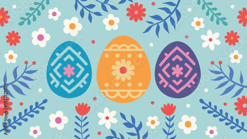 Three colorful decorative easter eggs with floral patterns and blue leaves on a light blue background celebrating spring and easter traditions