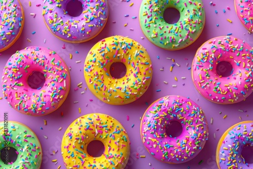 Playful doughnuts in pastel yellow, green, lilac, and pink glazes fill frame. Bright sprinkles enhance cheerful mood, creating lively, candy-themed pattern bursting with sweetness and vibrant color.