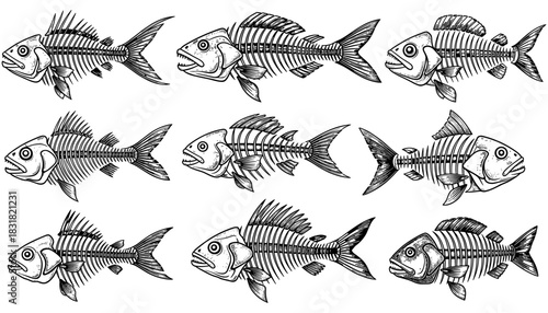 Hand drawn fish skeletons collection in vintage style for nautical design