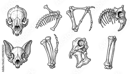 Hand-drawn animal skulls and bones collection for natural history projects