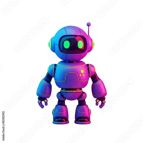 A vibrant, cartoonish robot with a rounded body, antenna, and glowing green eyes, standing upright.