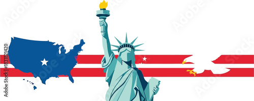 American symbols isolated on white background statue of liberty and eagle