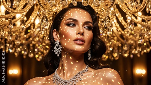 Beautiful woman portrait smiling under a luxury chandelier