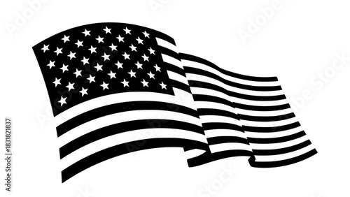 USA waving flag silhouette, elegant curve lines, black and white vector, isolated, crisp and bold design for stock illustrations