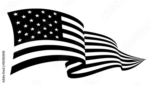 USA waving flag silhouette, elegant curve lines, black and white vector, isolated, crisp and bold design for stock illustrations