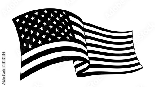 USA waving flag silhouette, elegant curve lines, black and white vector, isolated, crisp and bold design for stock illustrations