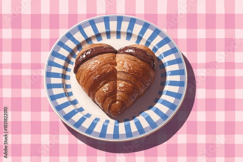 Golden heart-shaped croissant with glossy chocolate topping placed on a striped plate, set against a pink checkered background.