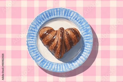 Heart-shaped chocolate croissant on a blue-white plate over a pink checkered tablecloth, creating a cozy and sweet breakfast mood.