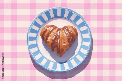 Heart-shaped croissant with chocolate stripes resting on a blue striped plate, surrounded by a soft pink checkered table setting.
