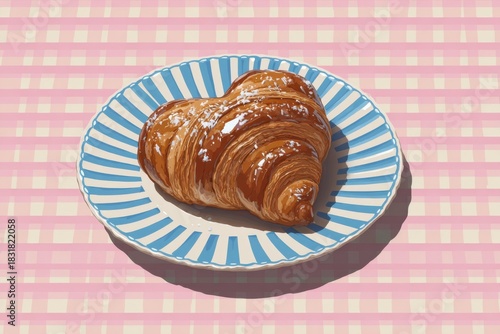 Flaky golden croissant shaped like a heart on a blue-striped plate, dusted lightly with powdered sugar over a pink checkered tablecloth.