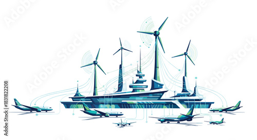 Modern offshore wind farm with airplanes flying around, Generative AI.