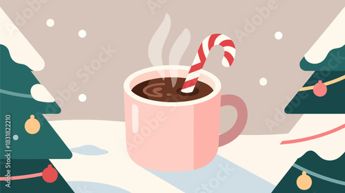 Hot chocolate in pink mug with candy cane near Christmas trees  