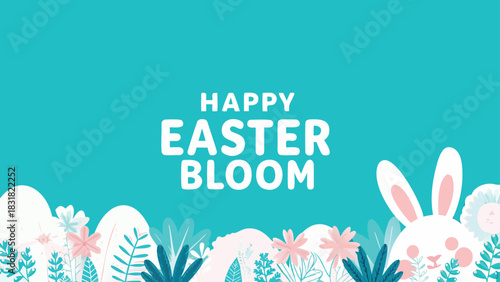 Happy easter bloom with cute bunny and floral elements on a turquoise background perfect for spring celebrations and festive greetings