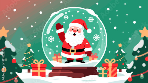 Santa Claus waving inside a snow globe with Christmas decorations  