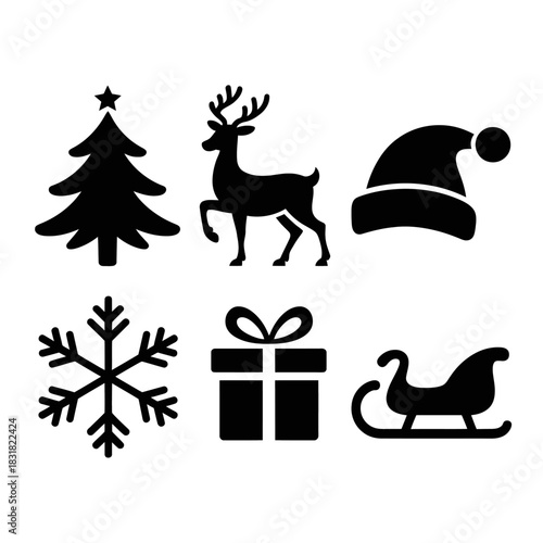 A collection of simple black silhouette icons featuring a Christmas tree, reindeer, Santa hat, snowflake, gift box, and sleigh.