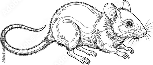 Small Mouse or Rat Rodent Outline Line Art Vector Illustration, Hand Drawn Sketch Style Black and White Graphic Design, Wild Animal Pest Mammal Drawing