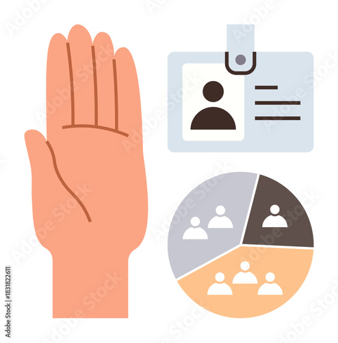 Open hand gesture, ID badge with photo and text, segmented pie chart with human icons. Ideal for identity, access, teamwork, organization, security verification management. Simple flat metaphor